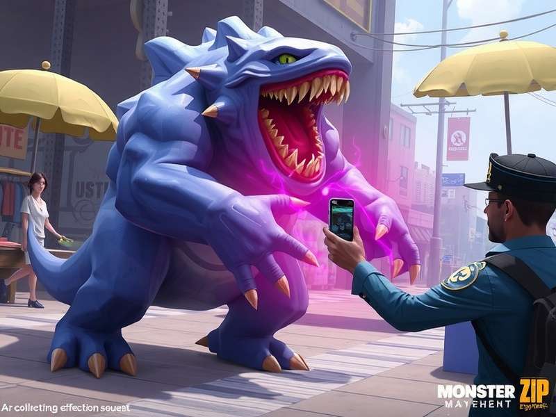 Zip Monster Mayhem - Future AR Mode Concept art for Zip Monster Mayhem AR mode showing a player interacting with a virtual monster in a street market