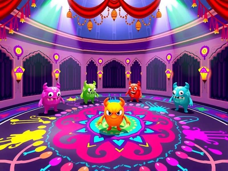 Zip Monster Mayhem - Holi Event Zip Monster Mayhem Holi event screenshot showing colorful monsters in a rangoli-decorated arena
