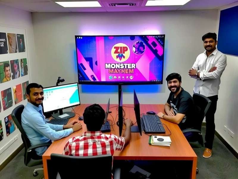 Zip Monster Mayhem Development Team Desi Gaming Labs team working on Zip Monster Mayhem in their Bangalore office